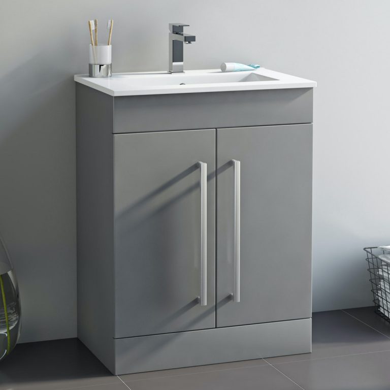 Orchard Derwent stone grey floorstanding vanity door unit and ceramic basin 600mm