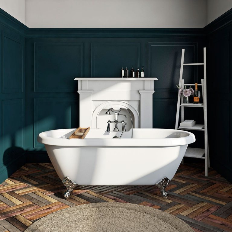 Orchard Dulwich complete bathroom suite with roll top bath, taps and solid wood oak seat