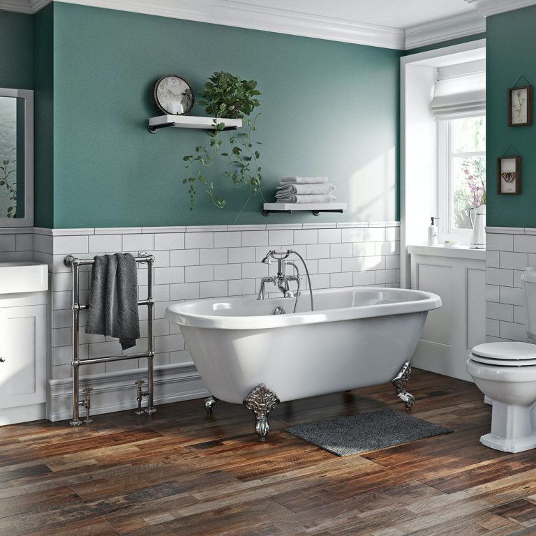 Orchard Dulwich roll top bath suite with grey seat 1695 x 740