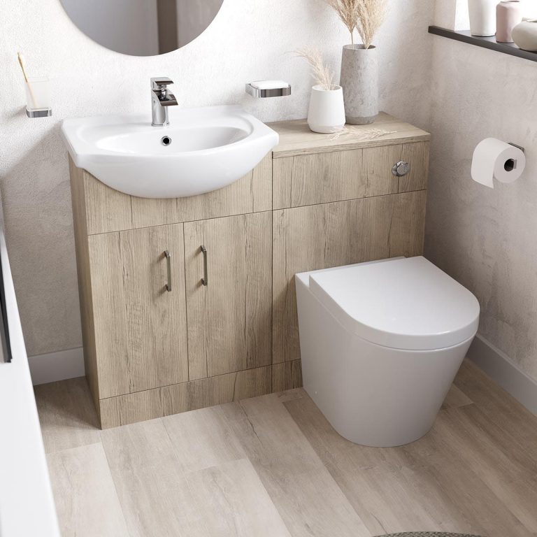 Orchard Lea oak furniture combination and Contemporary back to wall toilet with seat