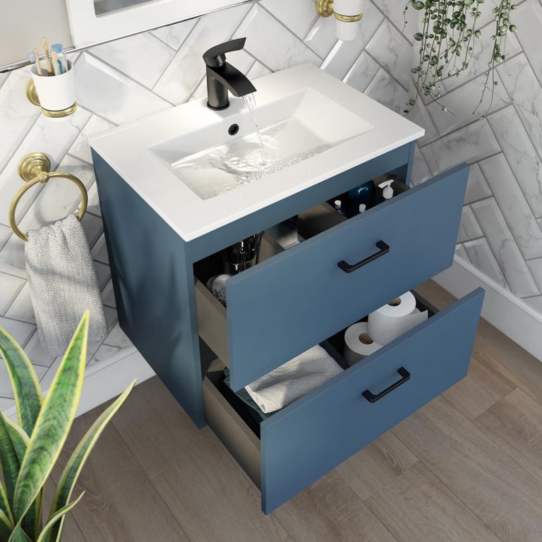 Orchard Lea ocean blue wall hung vanity unit with black handle and ceramic basin 600mm