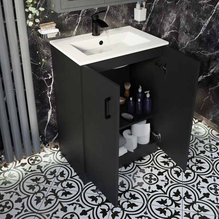 Orchard Lea soft black floorstanding vanity unit with black handle and ceramic basin 600mm