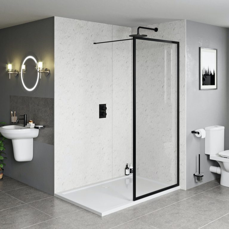 Orchard 6mm black framed wet room glass screen with stone shower tray