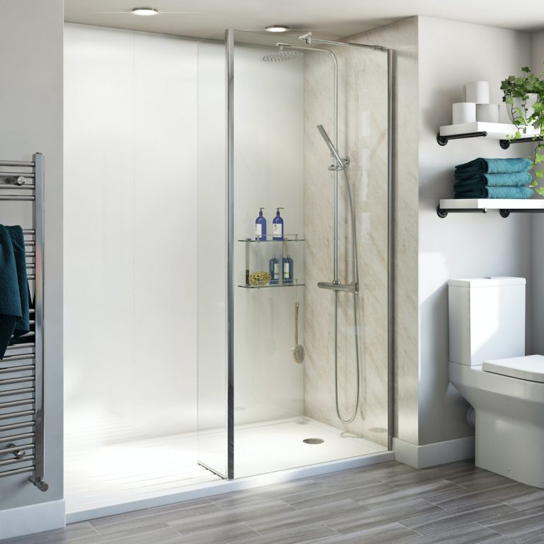Orchard 6mm walk in glass panel pack with fixed return panel and walk in shower tray